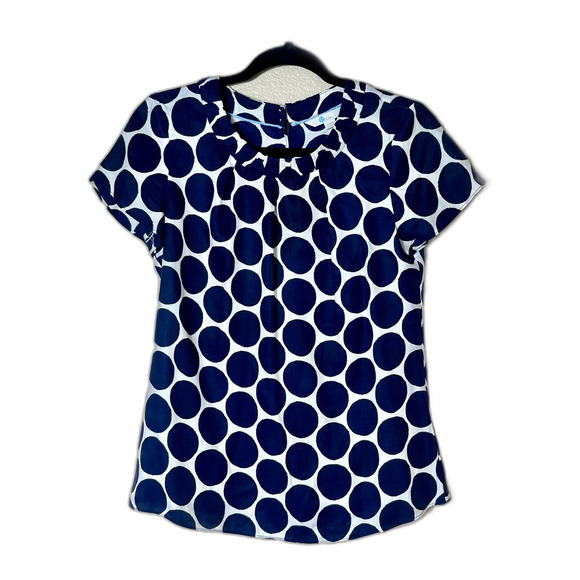 Boden Carey Top Navy White Polka Dot Circle Print Silk Blend Sz 2 PERFECT EUC - Picture 1 of 9